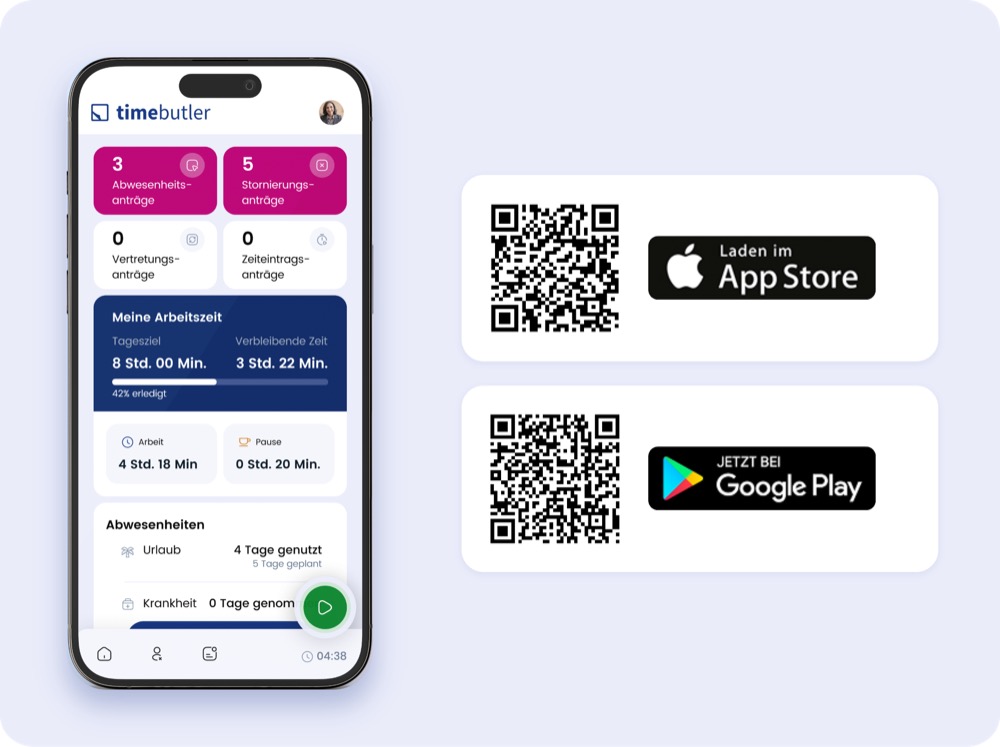 Timebutler App Dashboard mit QR-Codes zum Download im App Store und bei Google Play