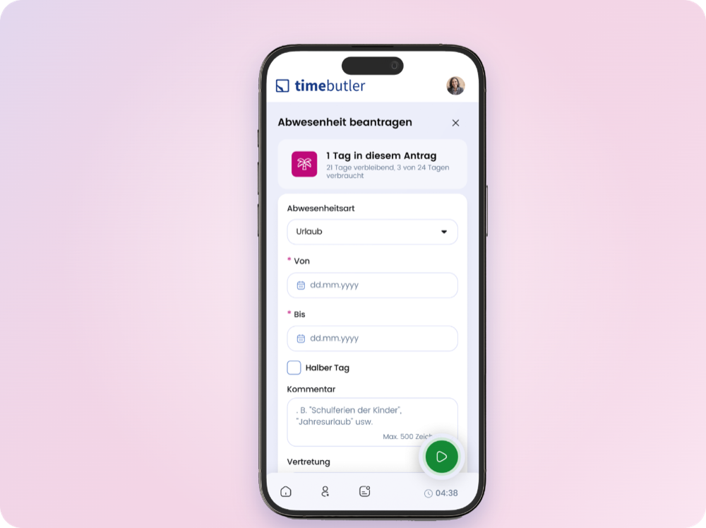 Abwesenheit in der Timebutler App beantragen