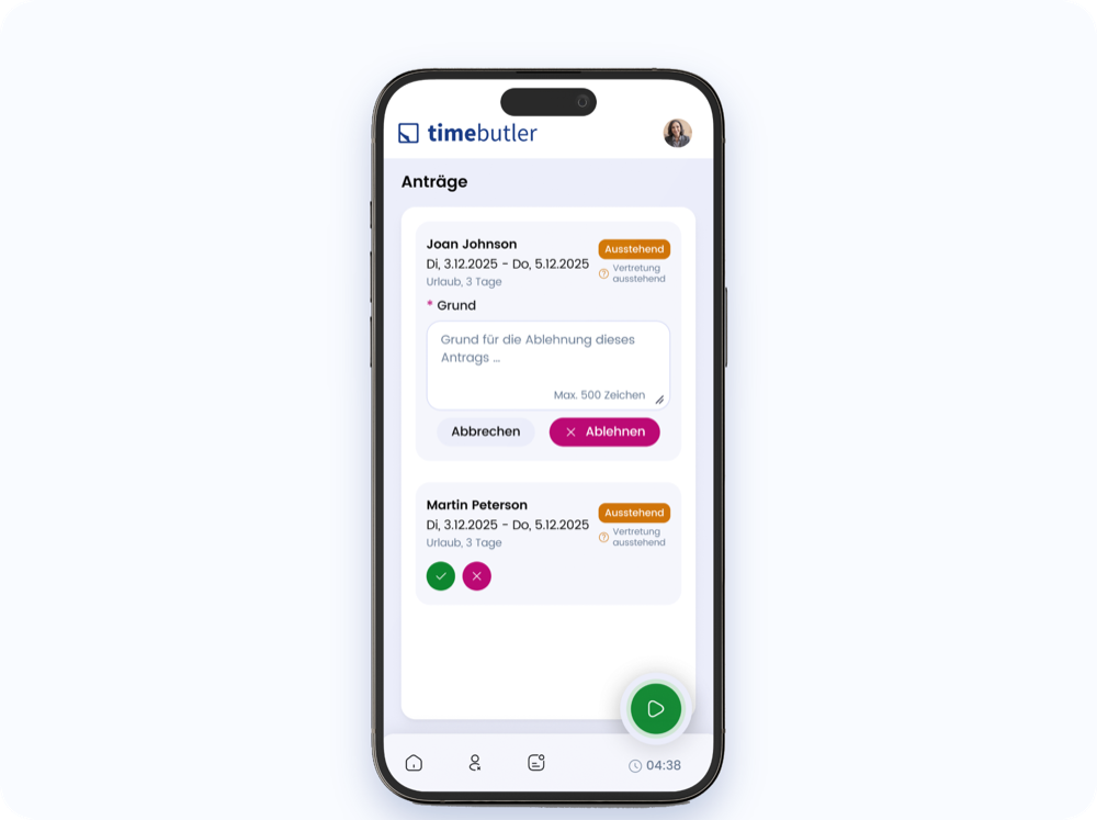 Abwesenheitsanträge in der Timebutler App genehmigen oder ablehnen